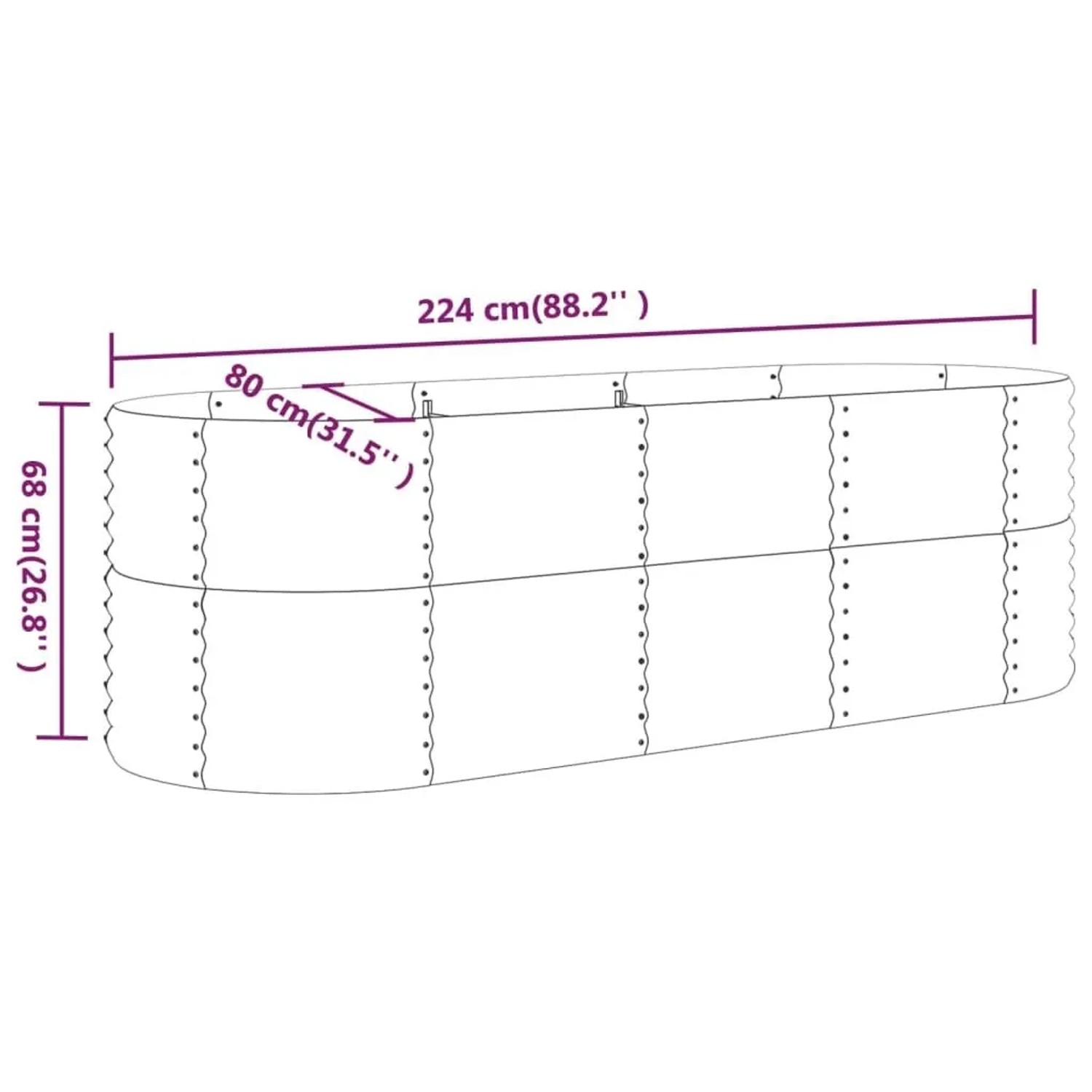 Abbildung eines grünen furnicato Hochbeets aus pulverbeschichtetem Stahl, 224x80x68 cm.