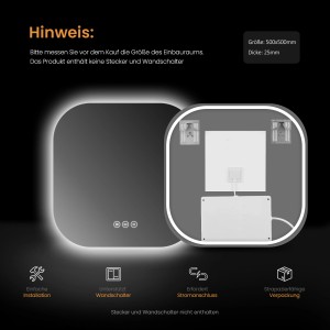 Quadratischer Emke LED-Badspiegel 50x50 cm mit Antibeschlag und einstellbarer Lichtfarbe.