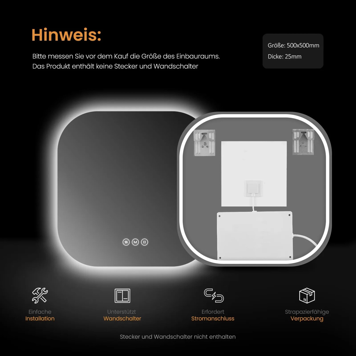 Quadratischer Emke LED-Badspiegel 50x50 cm mit Antibeschlag und einstellbarer Lichtfarbe.