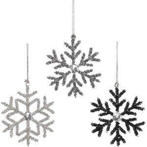 Dekorativer Baumbehang: Schneeflocke in Dunkelsilber, aus kleinen Perlen gefertigt, Ø 11 cm.