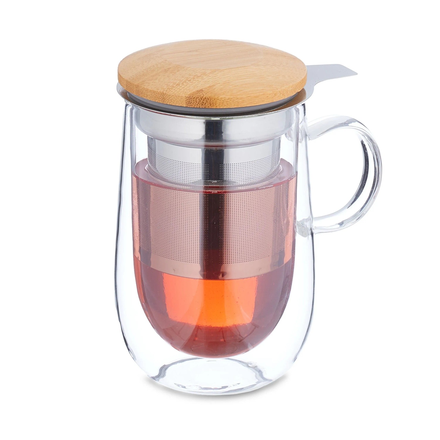 Relaxdays Teeglas Borosilikatglas Transparent mit Sieb und Bambusdeckel 430 ml