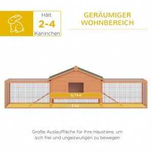 PawHut Kleintierstall aus Holz mit grünem Dach, 2 Freigehegen und Rampen für 2-4 Kaninchen. Geräumiges Zuhause.