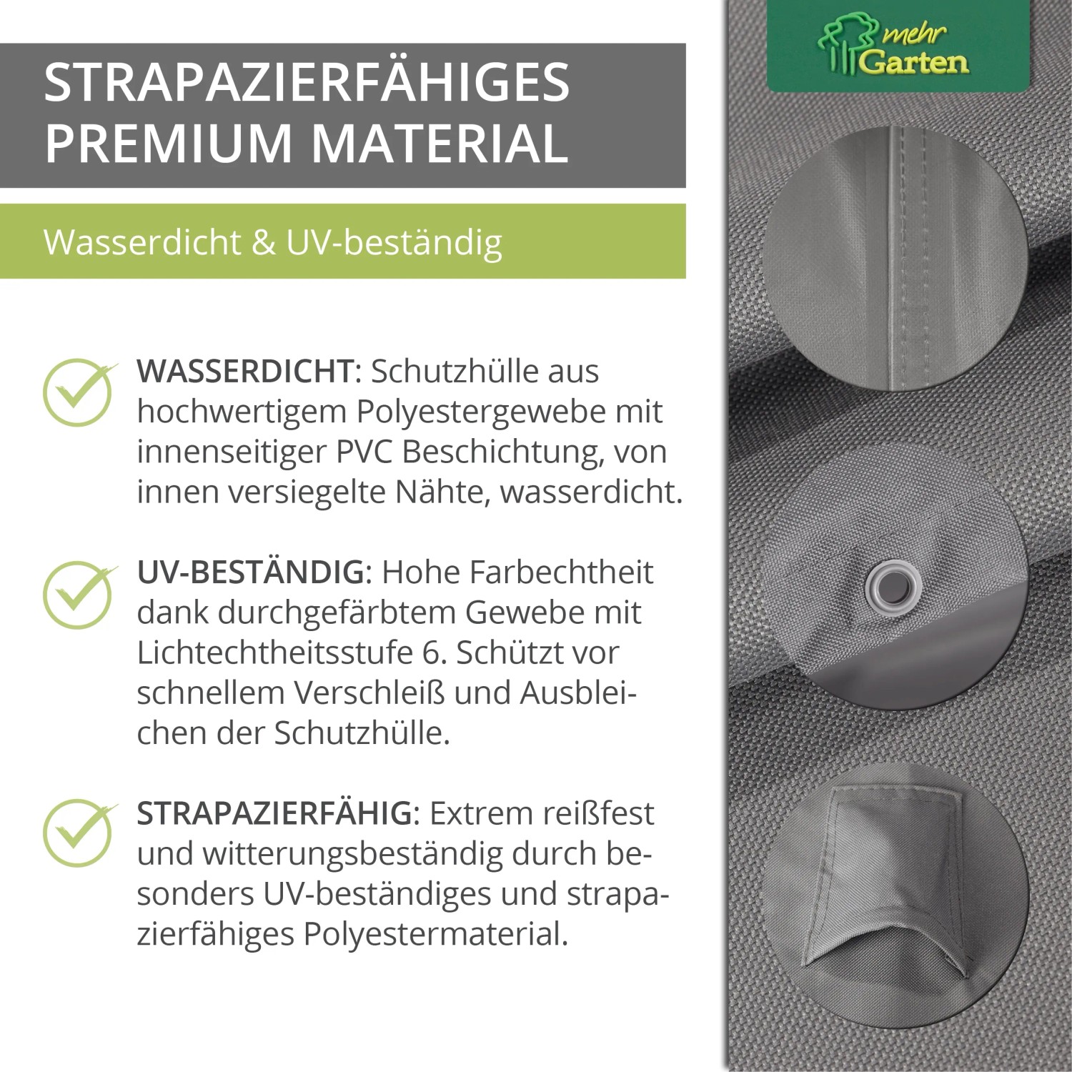 Detailansicht der grauen Mehr Garten Schutzhülle für Loungegruppen: wasserdicht, UV-beständig und strapazierfähig.