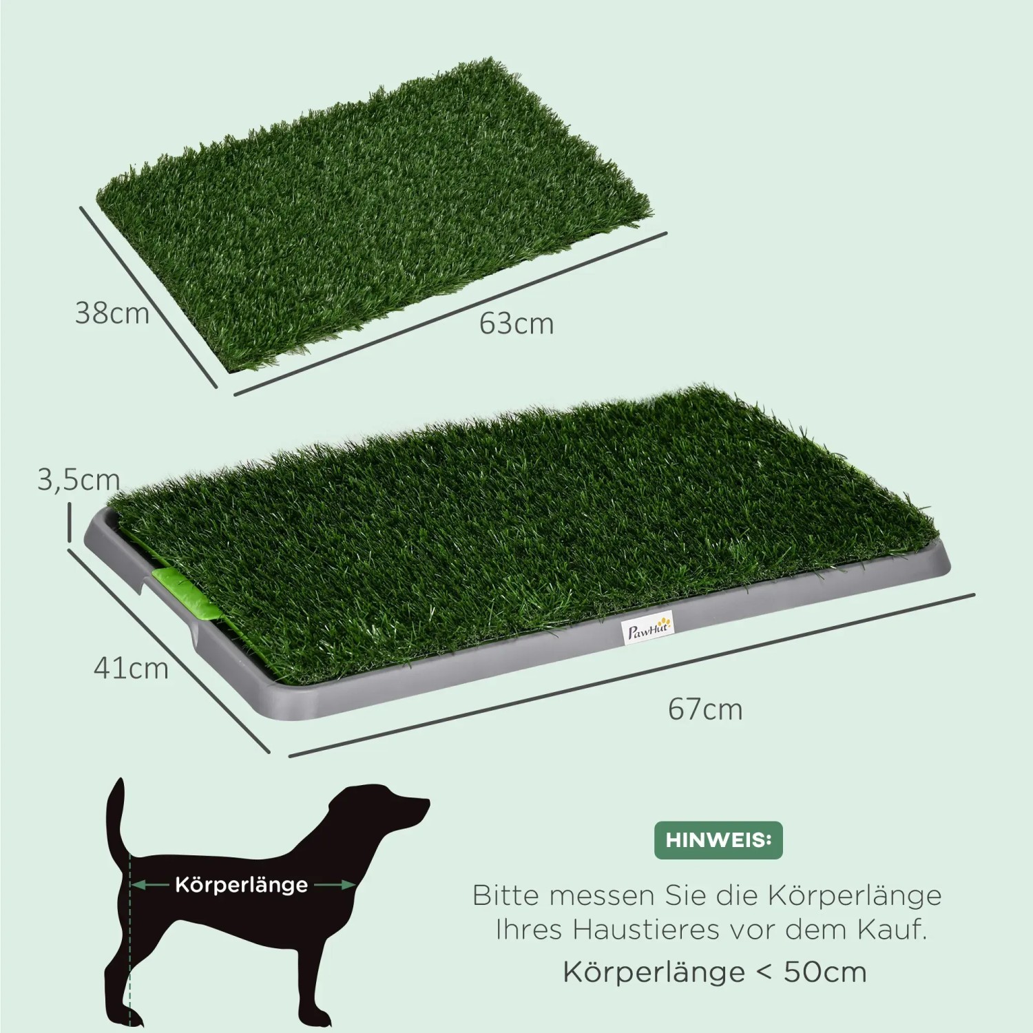 PawHut Hundetoilette mit 2 Grasmatten und Größenangaben für Welpen-Training.