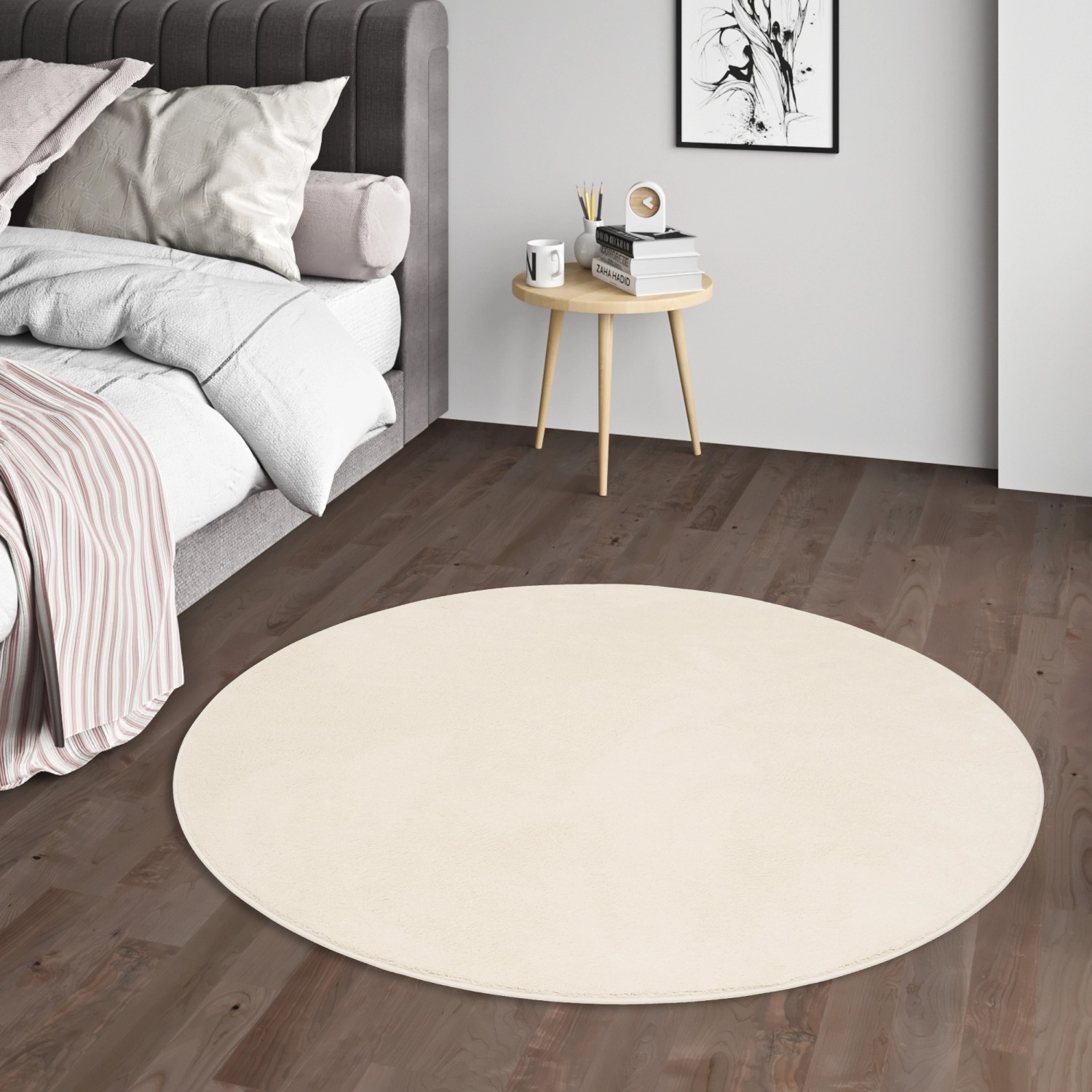 Runder, creme-farbener Hochflor Teppich (160x160cm) der Marke Pergamon, Modell Melia.