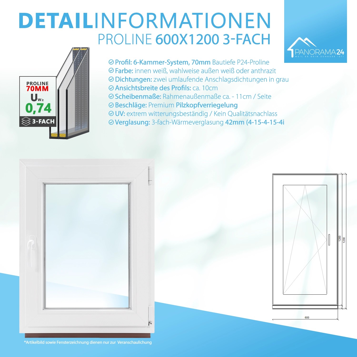 Weißes Framelux Kunststofffenster Proline mit 3-fach Verglasung, 600x1200 mm.
