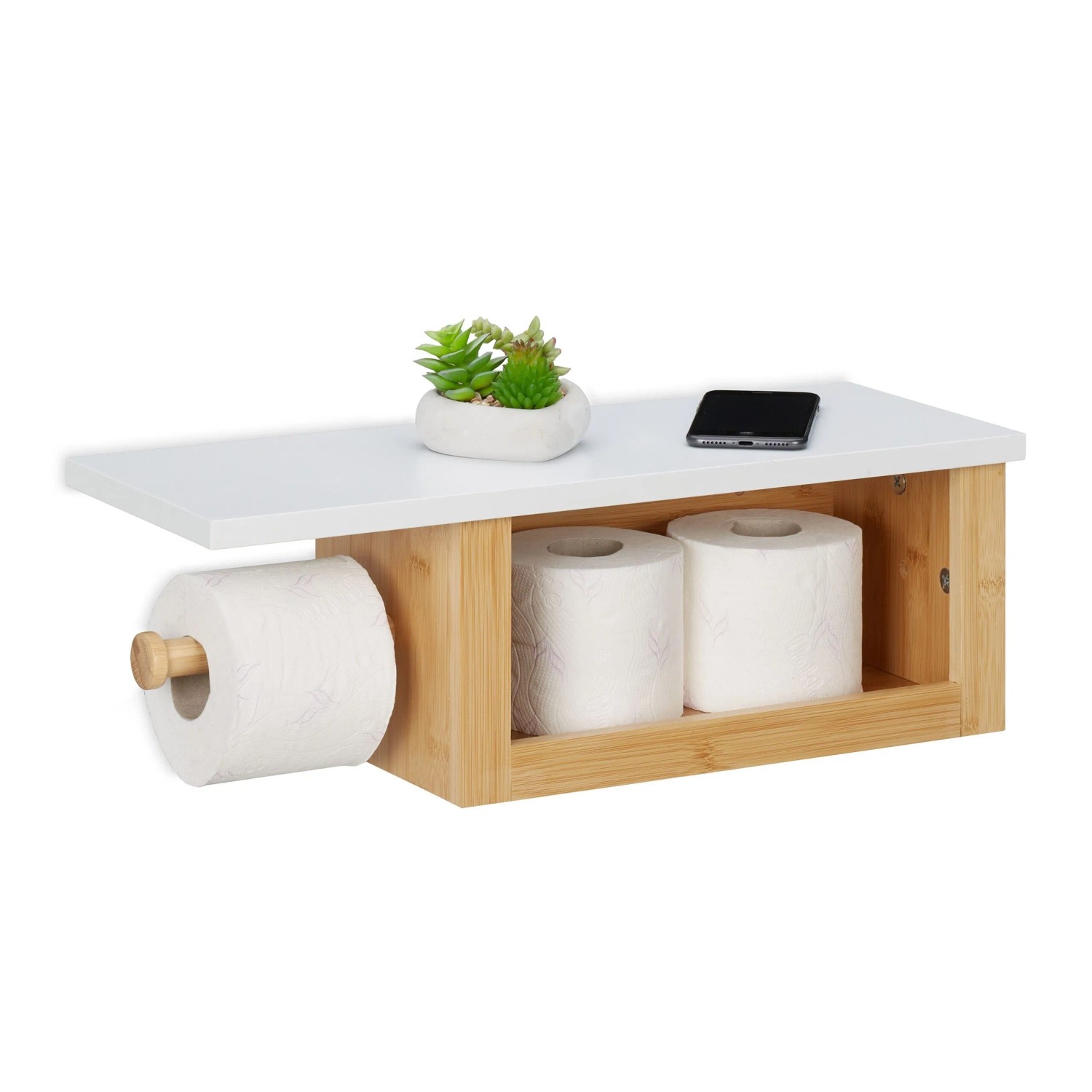 Relaxdays Toilettenpapierhalter Bambus Natur/Weiß mit Ablage 50 cm x 18 cm x 17 cm