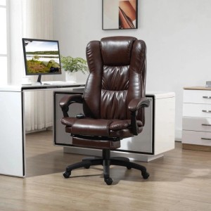 Brauner Vinsetto Bürostuhl mit Fußstütze, Kopfstütze und Rollen im Büro. Höhenverstellbarer Chefsessel aus Kunstleder.