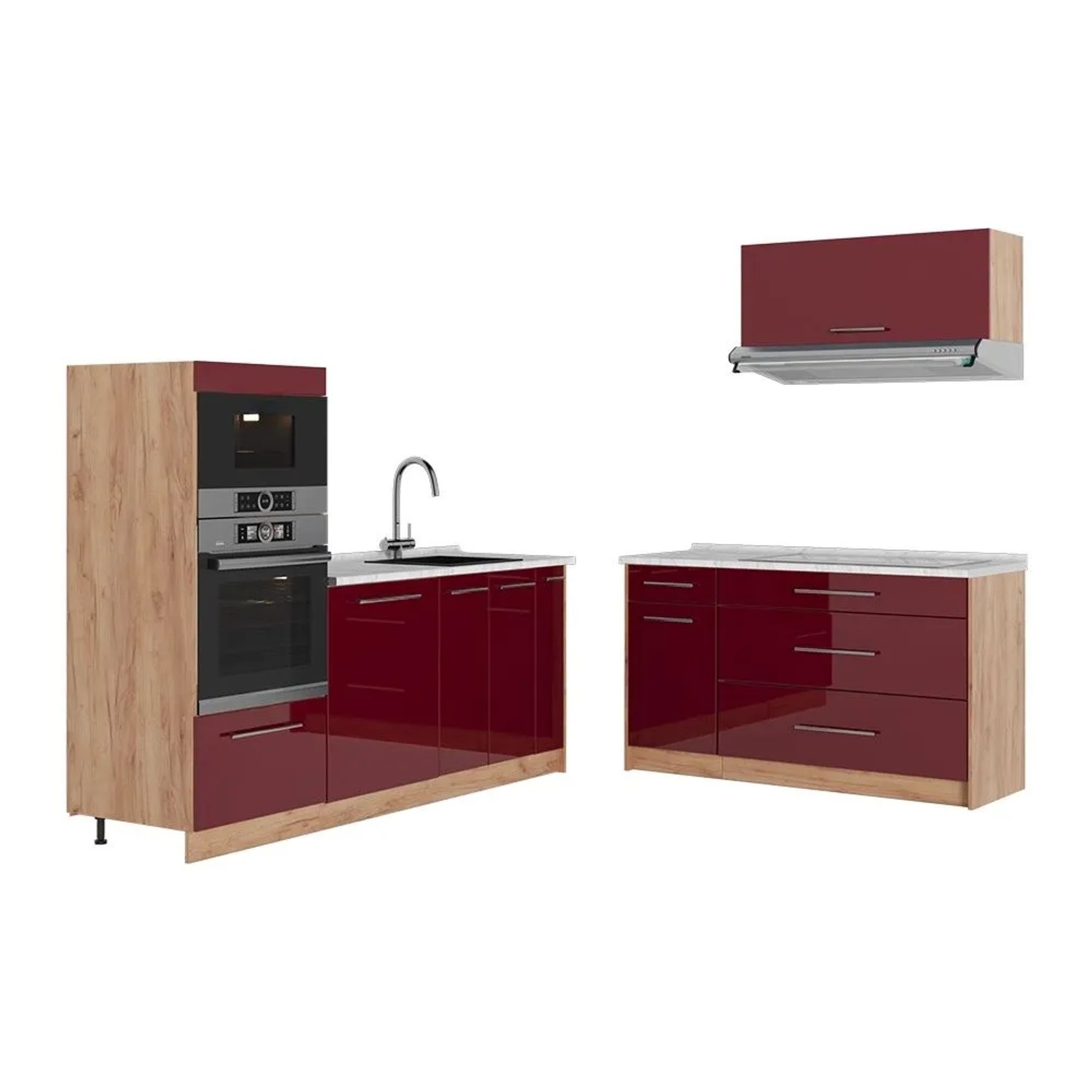 Vicco Küchenzeile Fame-Line Bordeaux Hochglanz/Goldkraft Eiche 340 x 154 AP Marmor Art Nr 63907