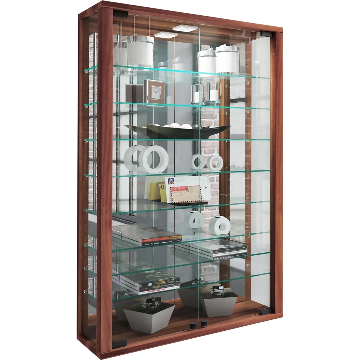 ebuy24 VitrosaMini Vitrinenschrank Wandhängend mit Spiegel 2 Glastüren Nuss günstig online kaufen