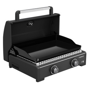 Campingaz Plancha Onyx 2 Gasgrill mit emaillierter Gussplatte und Deckel.