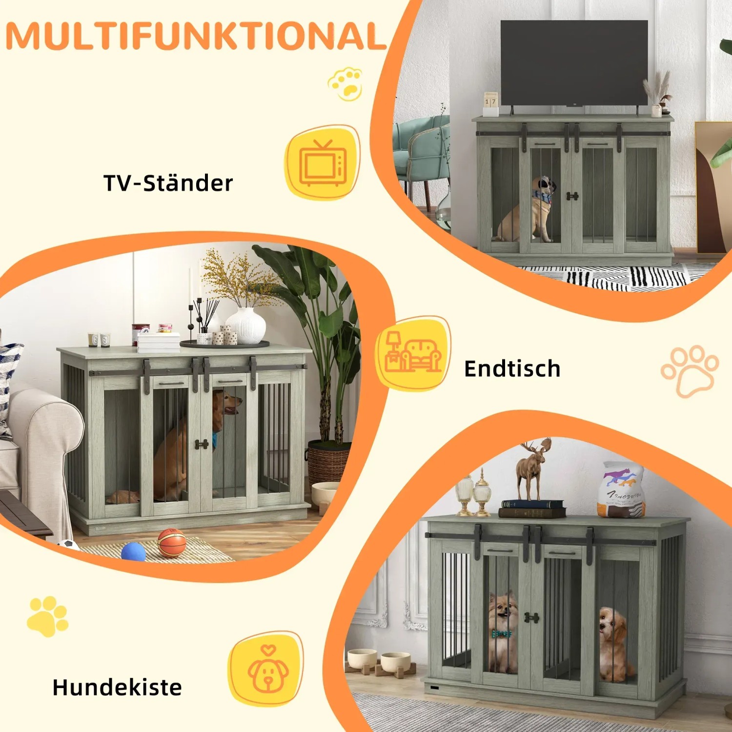 Multifunktionaler, grauer PawHut Hundekäfig aus MDF und Stahl als TV-Ständer, Endtisch und Hundekiste.