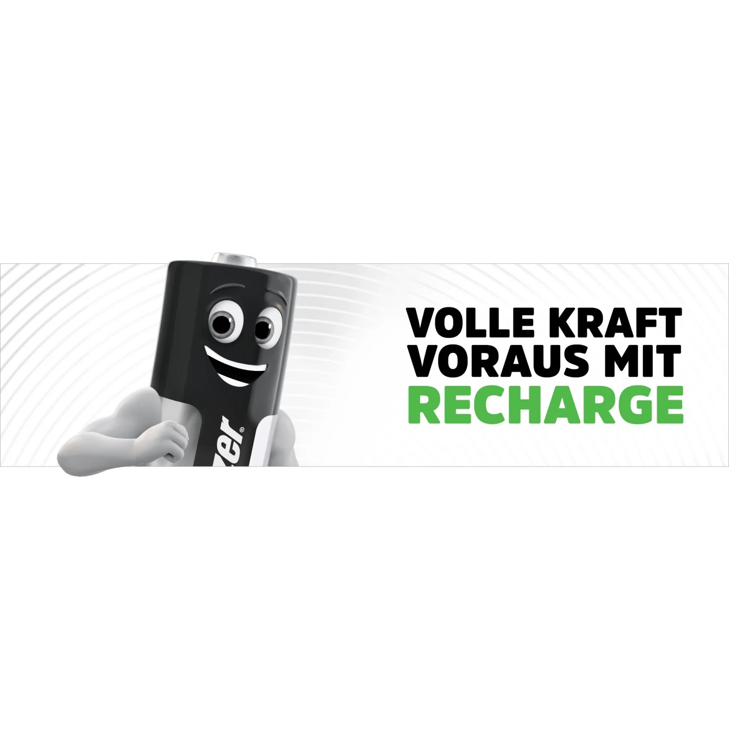Energizer Akku-Ladegerät mit Maskottchen und Text 'Volle Kraft voraus mit Recharge'
