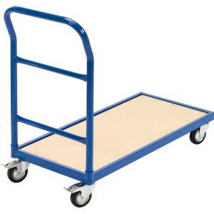 Blauer Plattformwagen mit Holzplatte, 250 kg Tragkraft, Bauwagen mit Rollen.