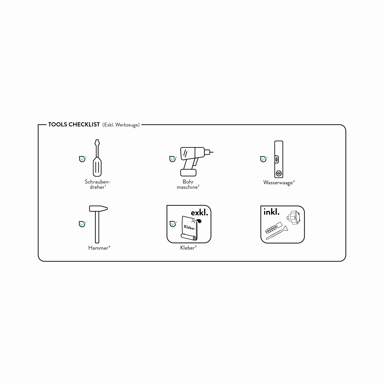 Checkliste Werkzeuge: Schraubendreher, Bohrmaschine, Hammer, Wasserwaage, Kleber (exkl.), Dübel/Schrauben (inkl.).