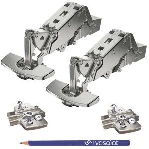 vasalat Set: 2 Hettich Weitwinkelscharniere 165° mit Dämpfung, Feder, Platten und Bleistift.