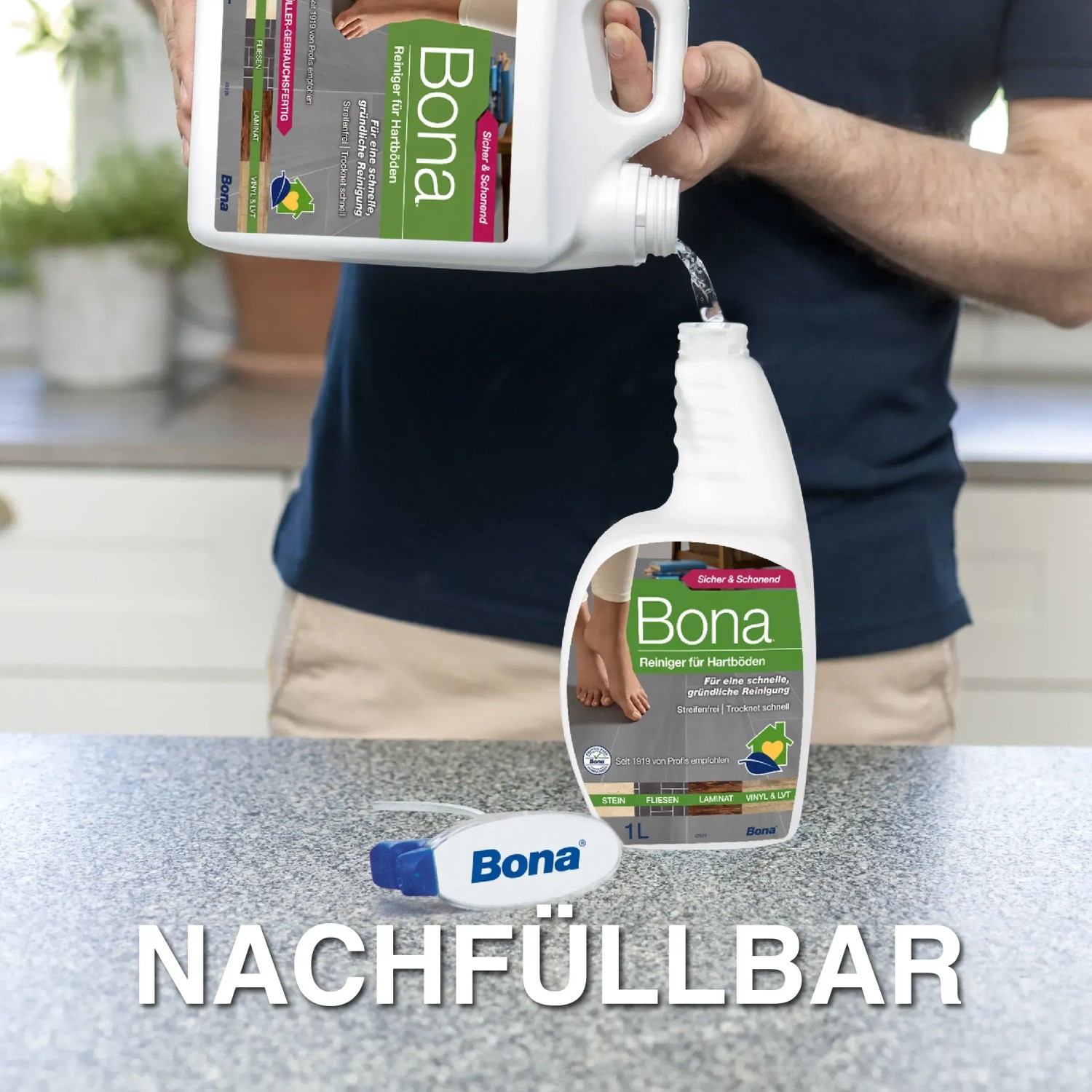 Bona Stein-, Fliesen- und Laminatreiniger Spray 1 l wird nachgefüllt.