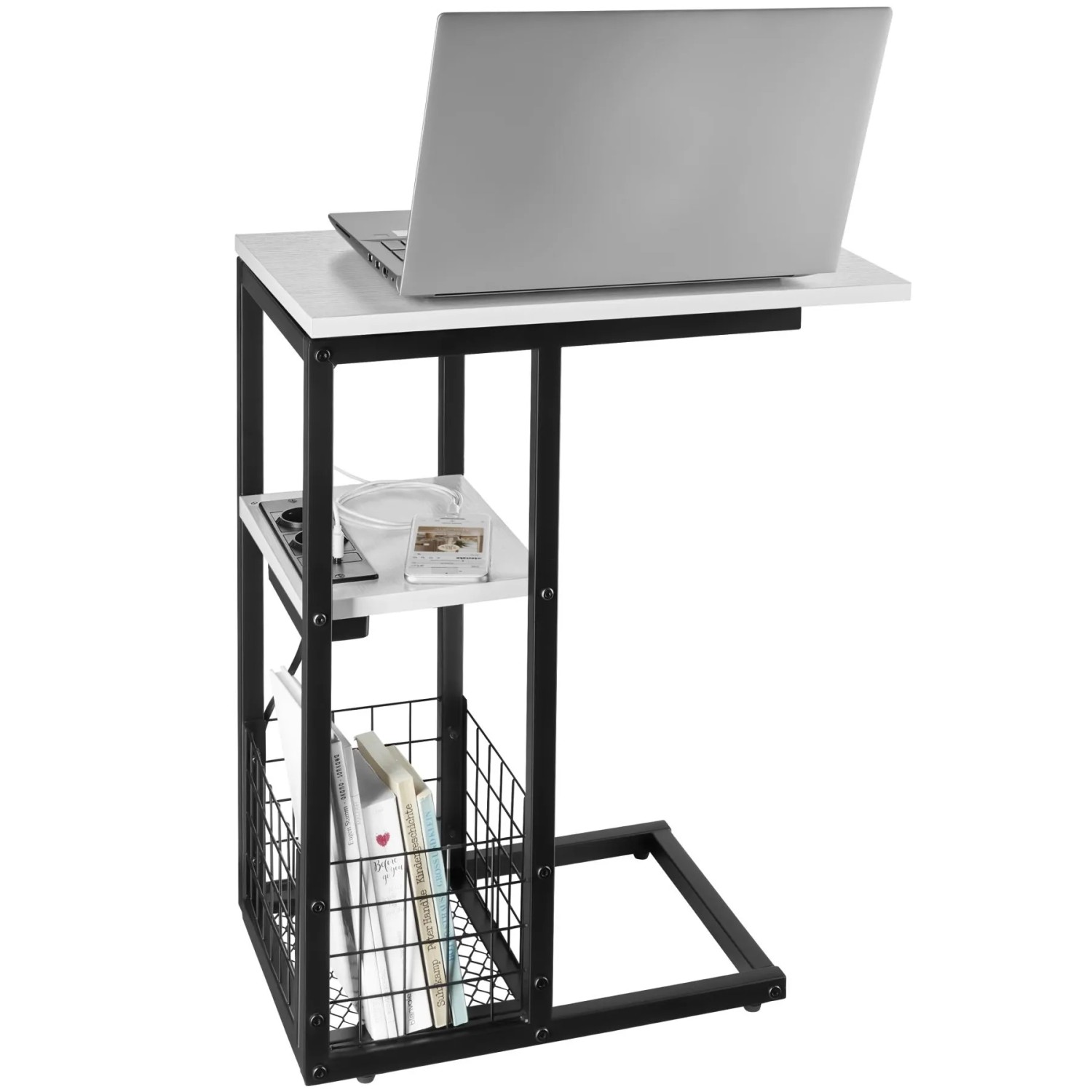 Tectake Laptop Beistelltisch Rhea Integrierte Ladestation Mit Usb  und Ac Anschluss  Verschiebbare Tischplatte Holz und Stahl  73 x 30 x 62 50 cm Weiß