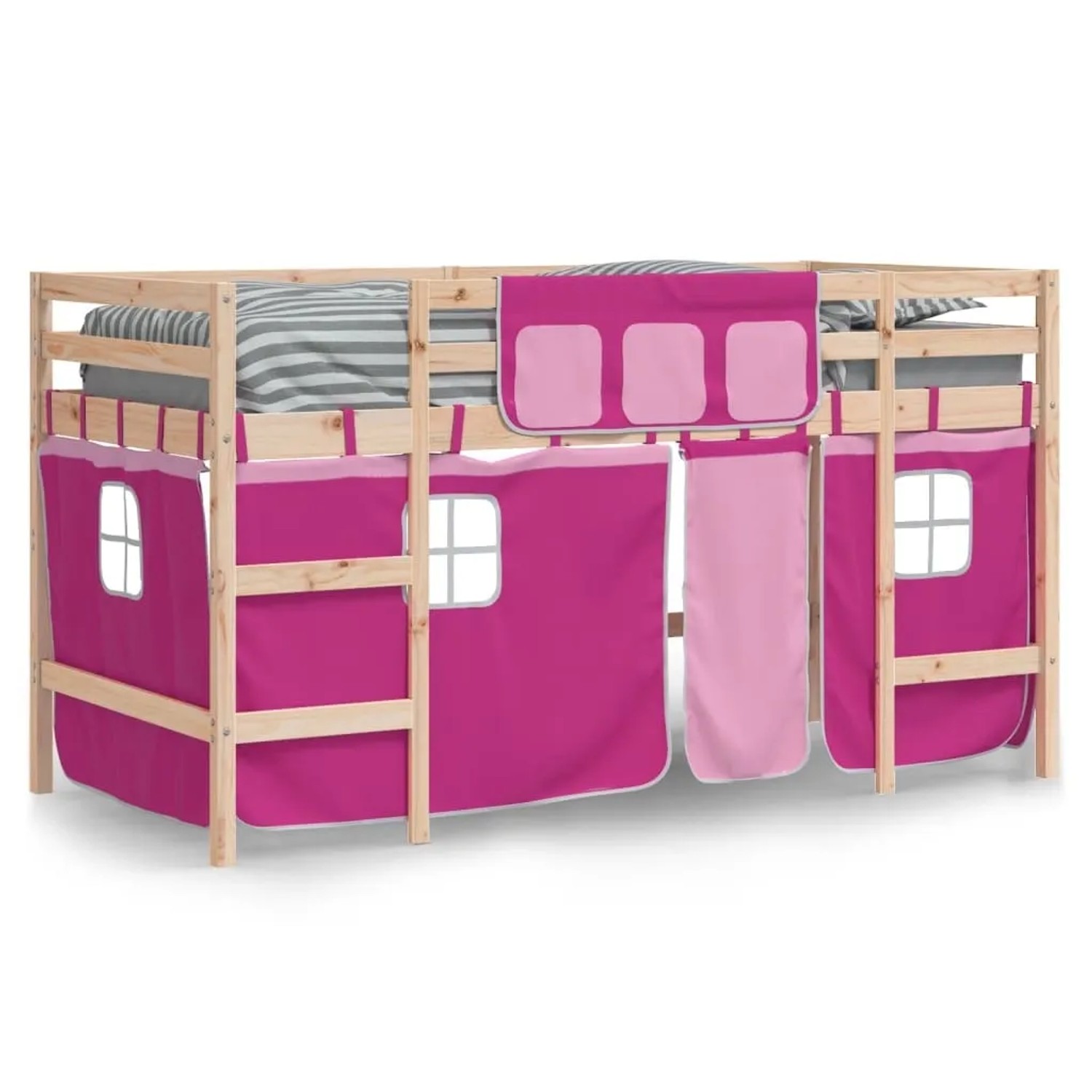 Rosa Kinderhochbett aus Kiefernholz mit Vorhängen für Mädchen.