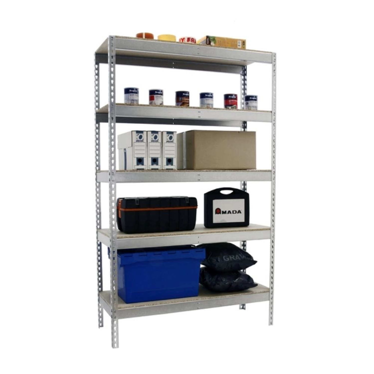 Verzinktes PROREGAL Schwerlastregal Giant Wood Yeti mit fünf Böden und diversen Gegenständen.