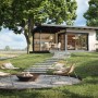 Palmako Gartenhaus Andrea Slide Plus, 693x300 cm, hellgrau-anthrazit, mit Schiebetüren und überdachtem Anbau.