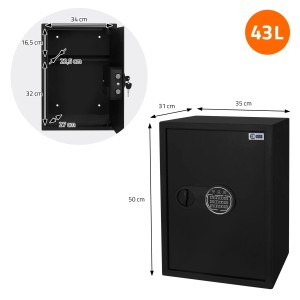 ECD Germany Safe, 43L, feuerfest, mit digitaler Tastatur und Innenraumansicht mit Maßen.