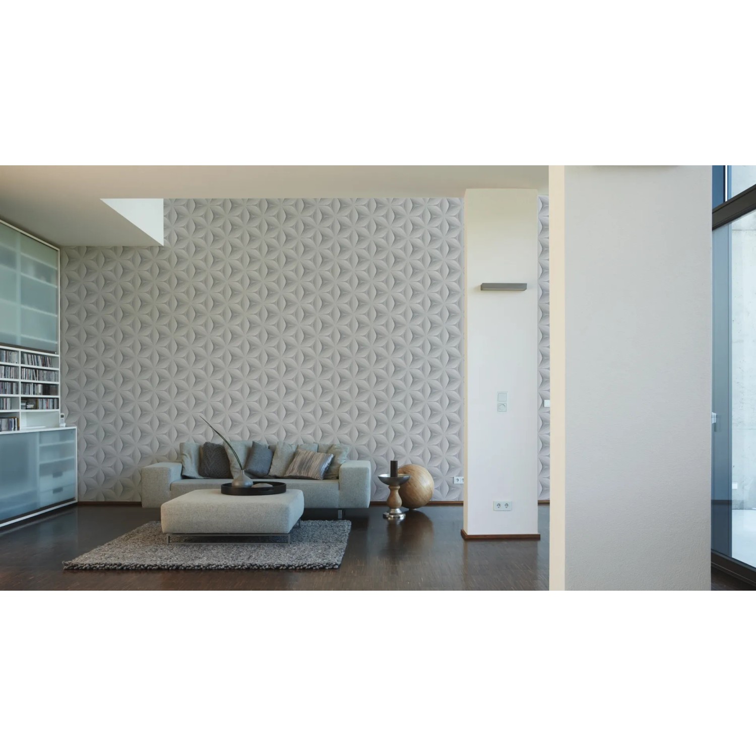 Wohnraum mit A.S. Creation Vliestapete Move your Wall Grafik in Grau mit 3D-Effekt.