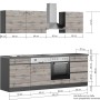Küchenzeile Turin 240 cm in Wotaneiche-Graphit mit E-Geräten und Maßangaben.