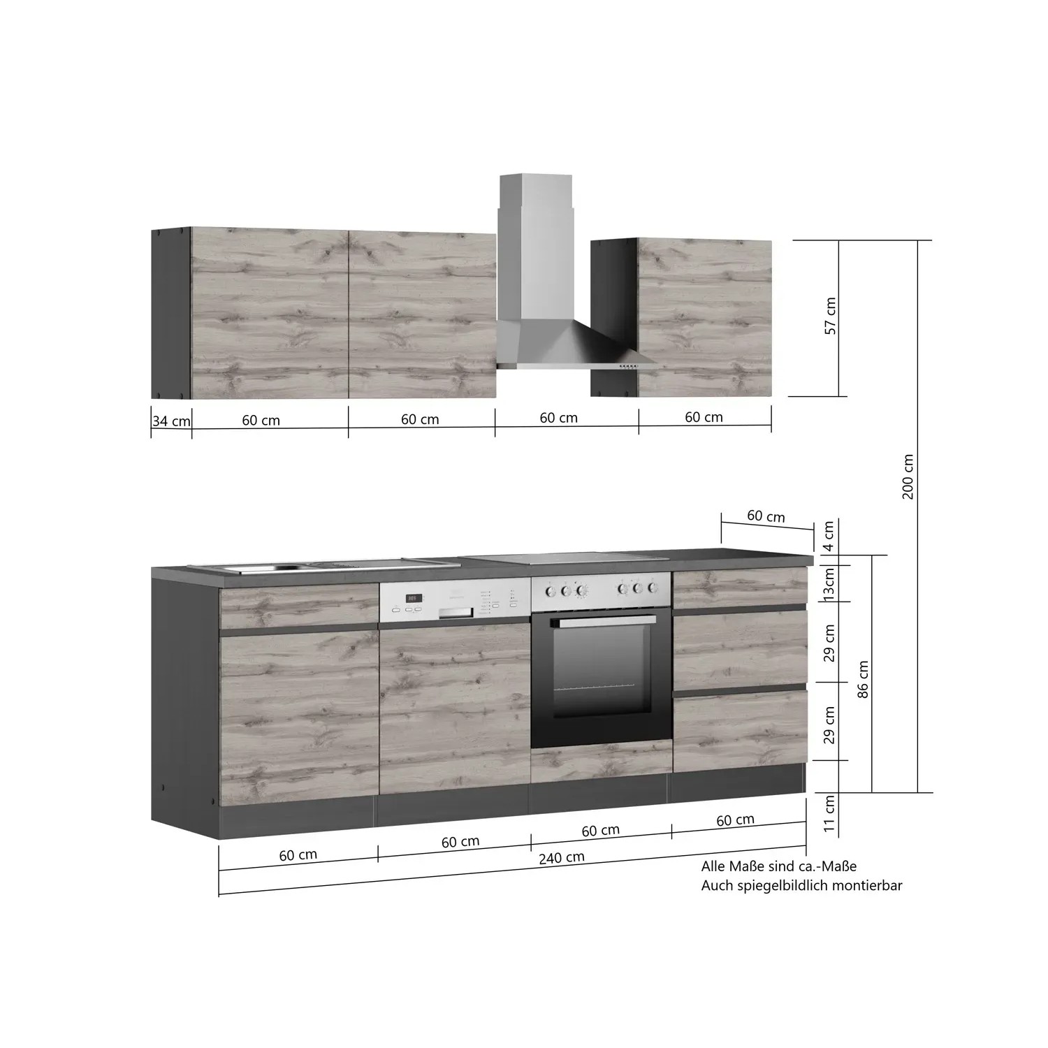 Küchenzeile Turin 240 cm in Wotaneiche-Graphit mit E-Geräten und Maßangaben.