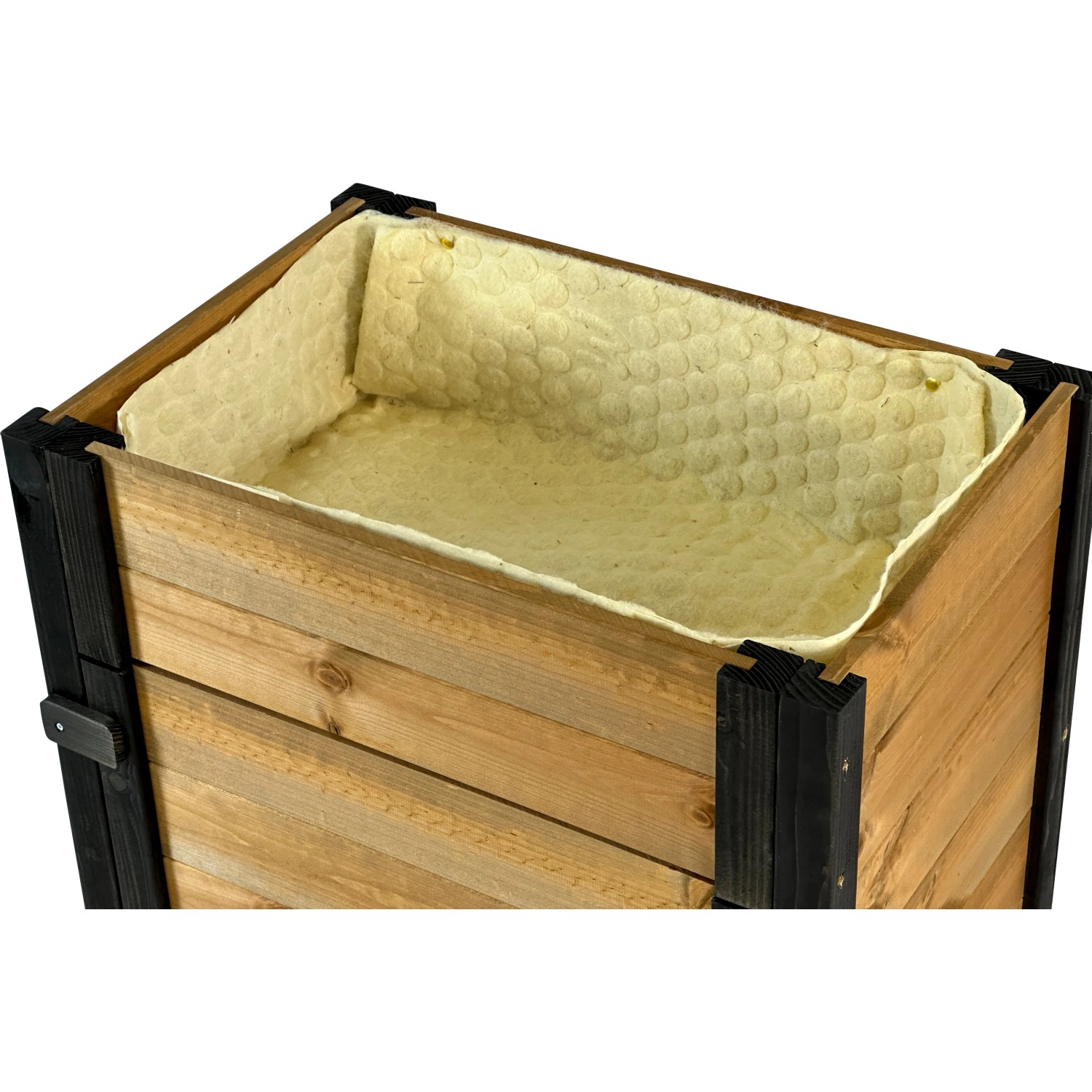 Detailansicht des rollbaren Gartenschranks mit Pflanzkasten und Schafswolle-Füllung.