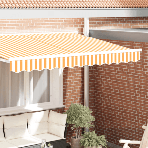 Gelb-weiße gestreifte Markisenschürze aus Polyester, 2,5 m, mit Wellenkante. Sonnenschutz für Markisen.