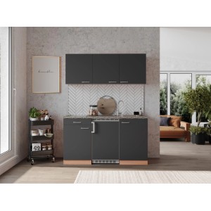 Respekta Economy Küchenzeile KB150BGC, 150 cm, Grau und Buche Dekor mit Glaskeramikkochfeld und Kühlschrank.