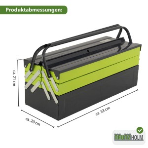 TRUTZHOLM Werkzeugkiste aus Stahl, 53x20x21cm, mit 5 Fächern und klappbarem Griff.