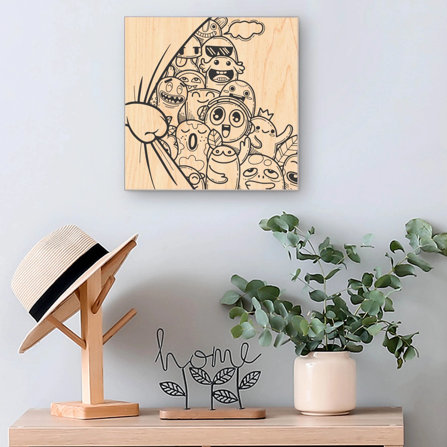 Banjado Schlüsselkasten aus Holz, 30x30cm, Motiv Monsterparty, 50 Haken zur Schlüsselaufbewahrung.