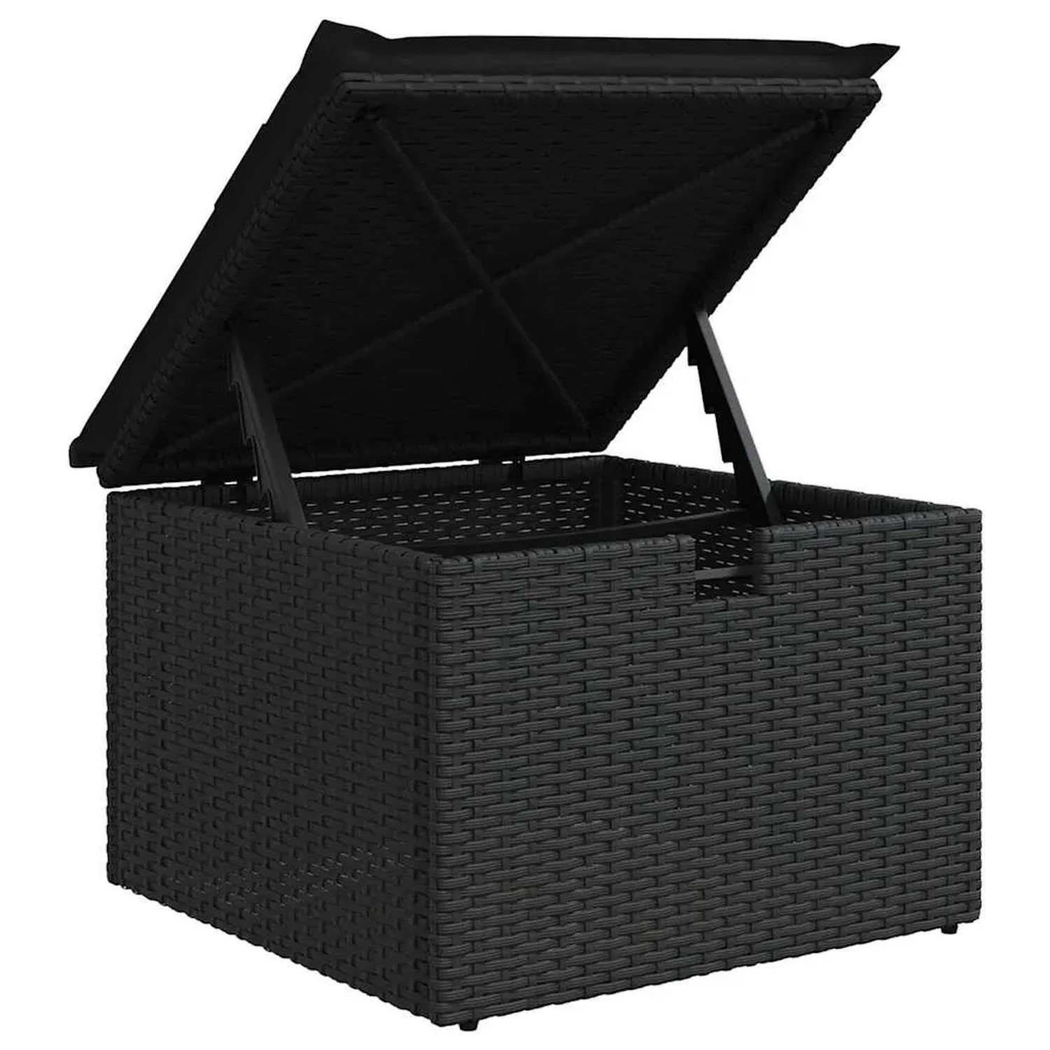 Schwarze Gartenmöbel Auflagenbox aus Poly Rattan mit geöffnetem Deckel.