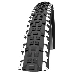 Schwalbe Rapid Rob Fahrradreifen, schwarz mit weißen Streifen und ausgeprägtem XC-Profil.