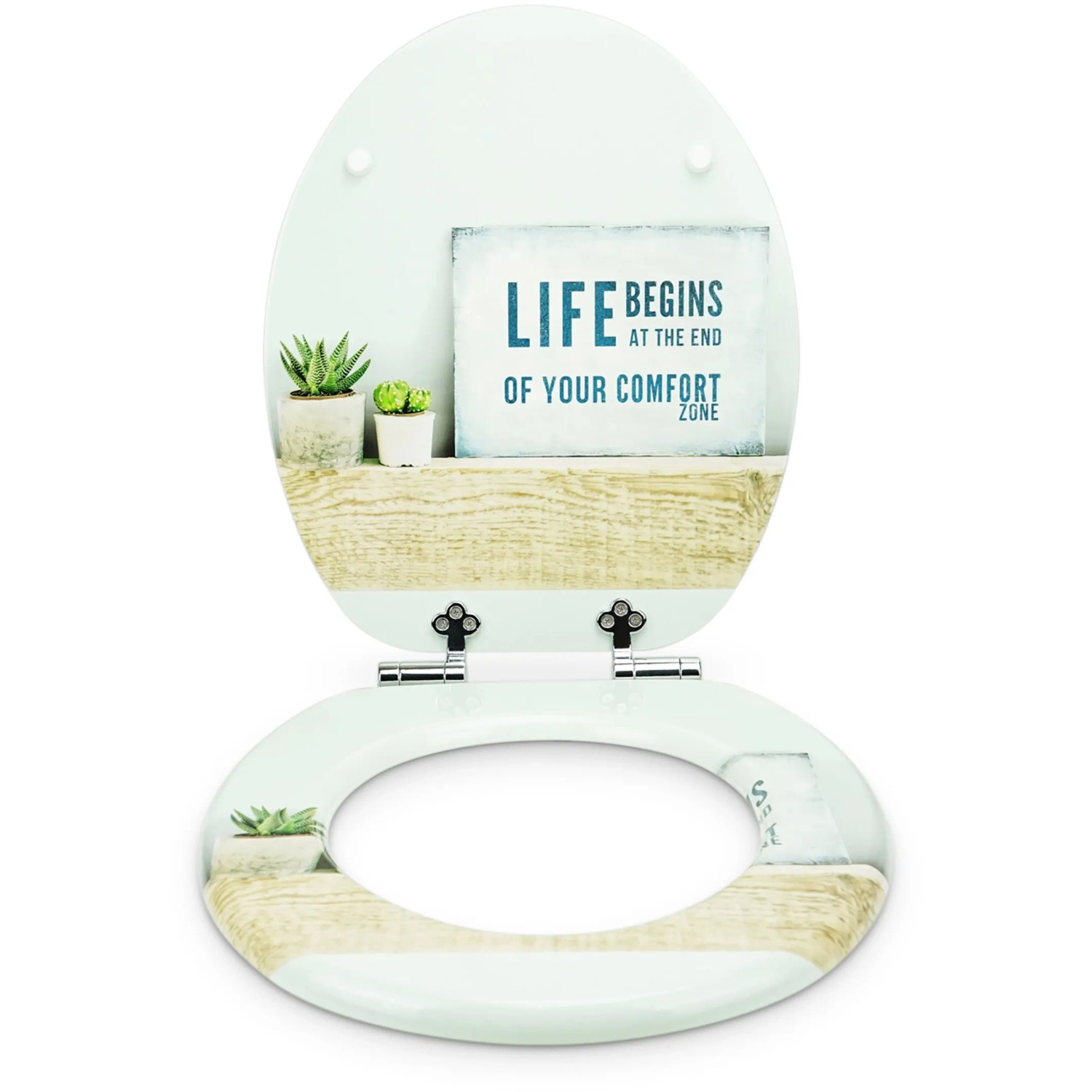 Sanfino WC-Sitz Life mit Absenkautomatik, Holz, Motiv "Life begins at the end of your comfort zone".