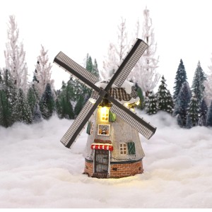 Beleuchtete Mühle als Weihnachtsdeko, batteriebetrieben, 15,5x13x22,5 cm. Detailreiche Luville Miniatur für Winterdorf.