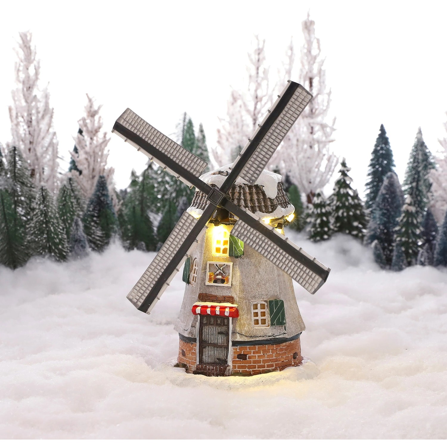 Beleuchtete Mühle als Weihnachtsdeko, batteriebetrieben, 15,5x13x22,5 cm. Detailreiche Luville Miniatur für Winterdorf.