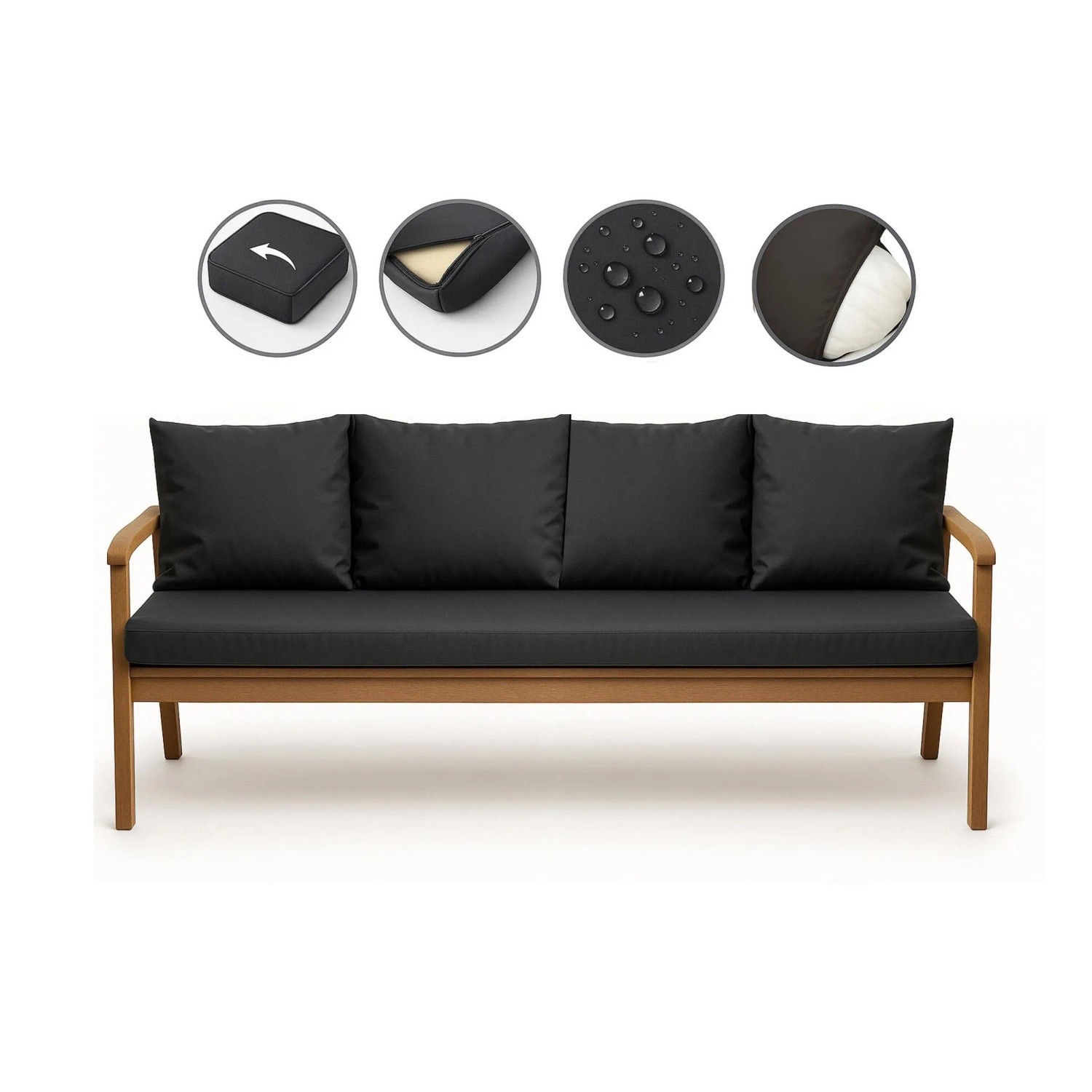 Anthrazitfarbenes Bankkissen-Set für 3-Sitzer Gartenbank, 180x60 cm + 4 Rückenkissen.