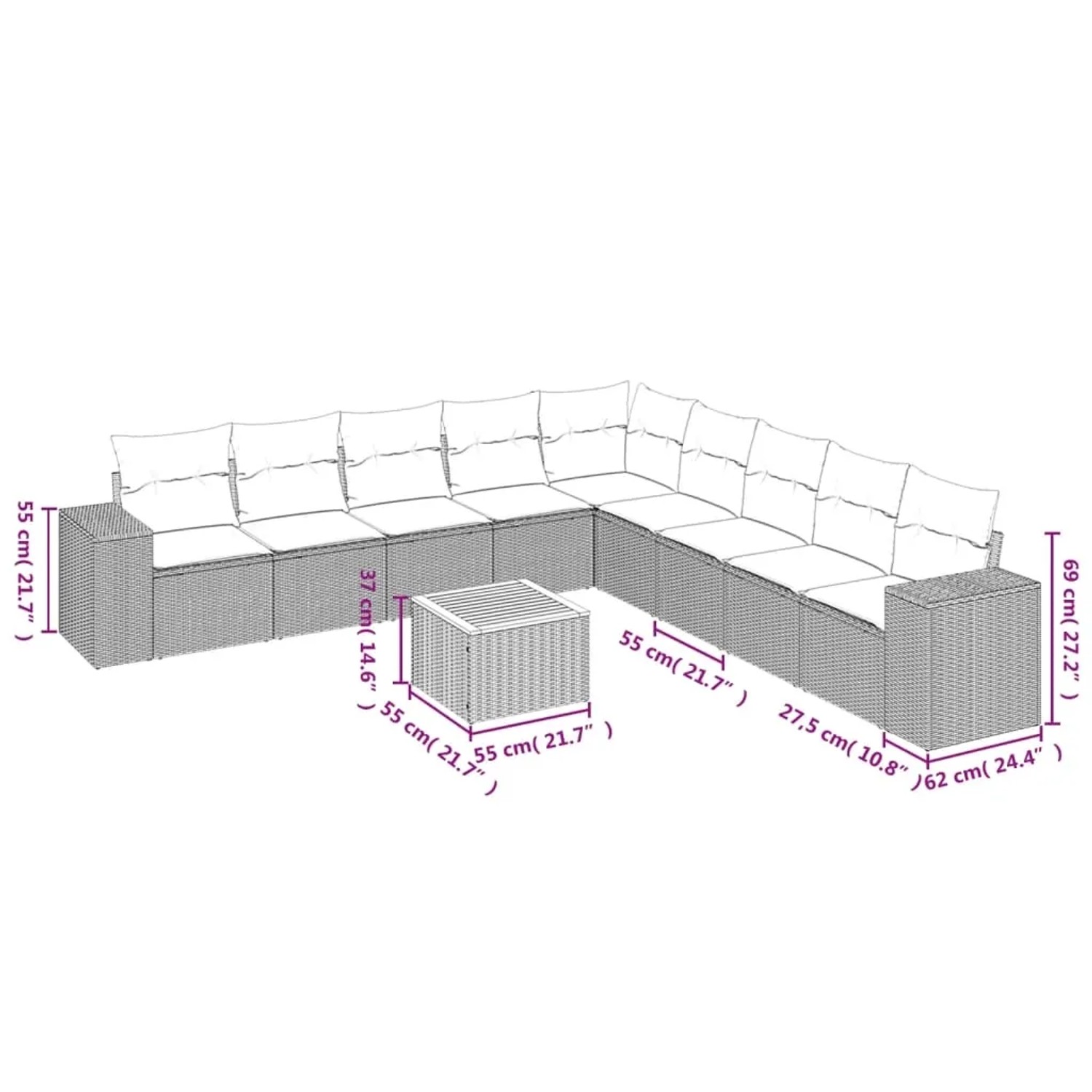 Schwarze 10-tlg. vidaXL Garten-Sofagarnitur aus Polyrattan mit Kissen und Tisch.
