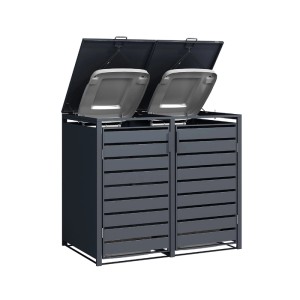 Weka Metall-Mülltonnenbox Gary für 2 Tonnen, anthrazit, mit geöffneten Deckeln.