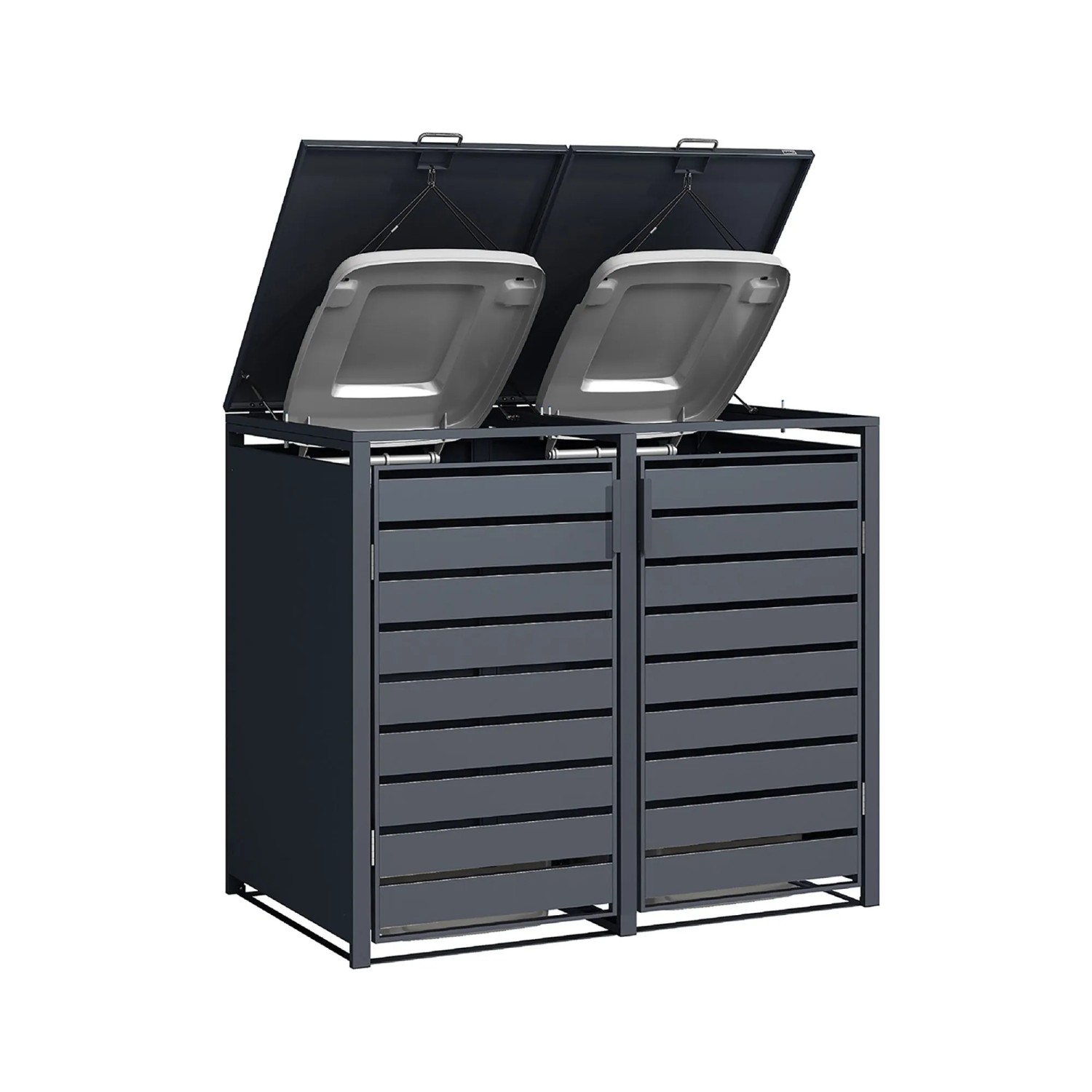 Weka Metall-Mülltonnenbox Gary für 2 Tonnen, anthrazit, mit geöffneten Deckeln.