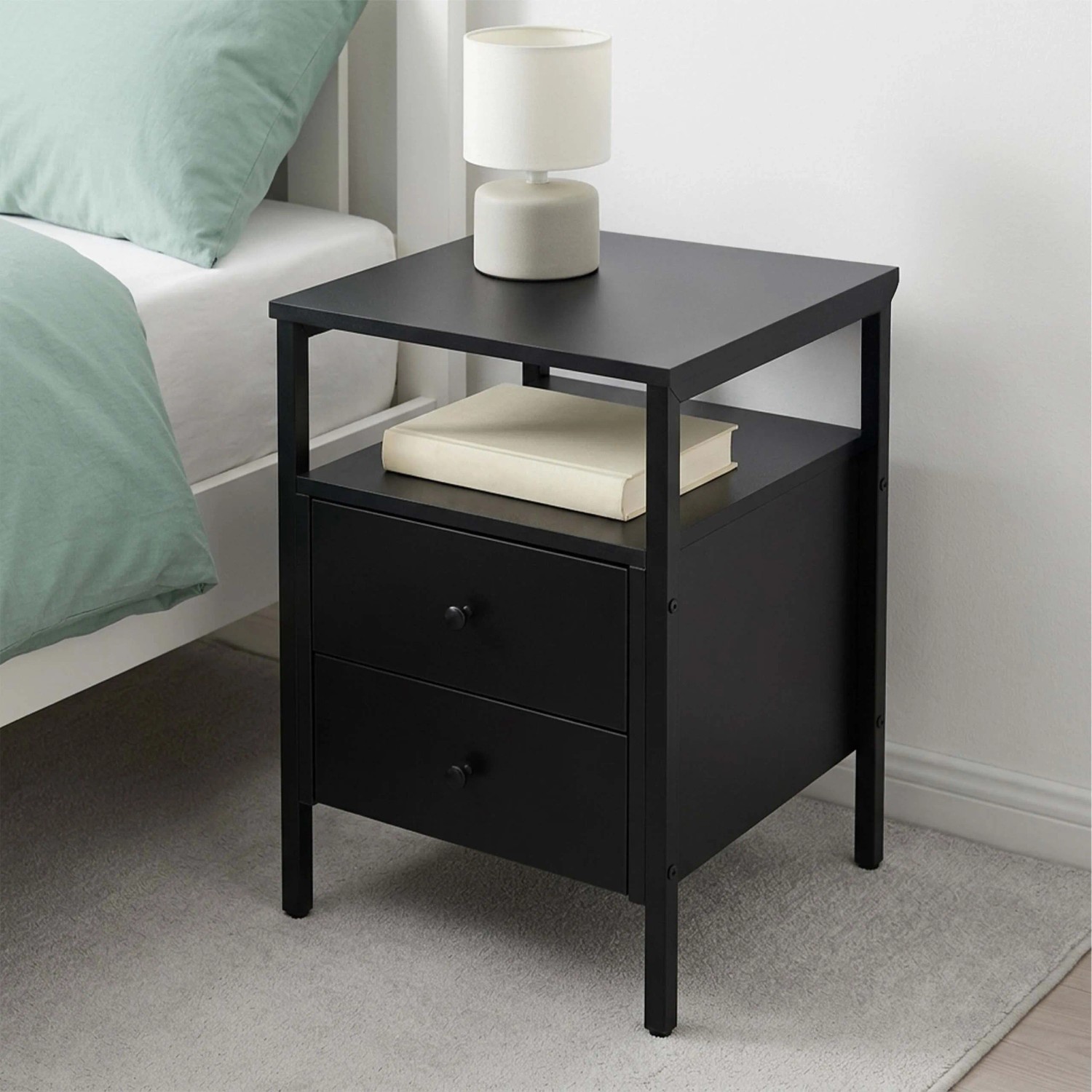 Relaxdays Nachttisch MDF Stahl Schwarz mit 2 Schubladen Höhenverstellbar 61 cm x 40 cm x 40 cm_3