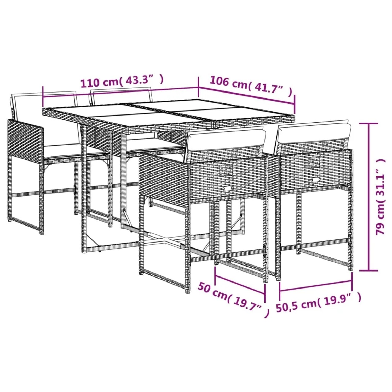 5-tlg. Garten Essgruppe aus Poly Rattan mit Tisch, Stühlen und Kissen in Beige/Hellgrau.