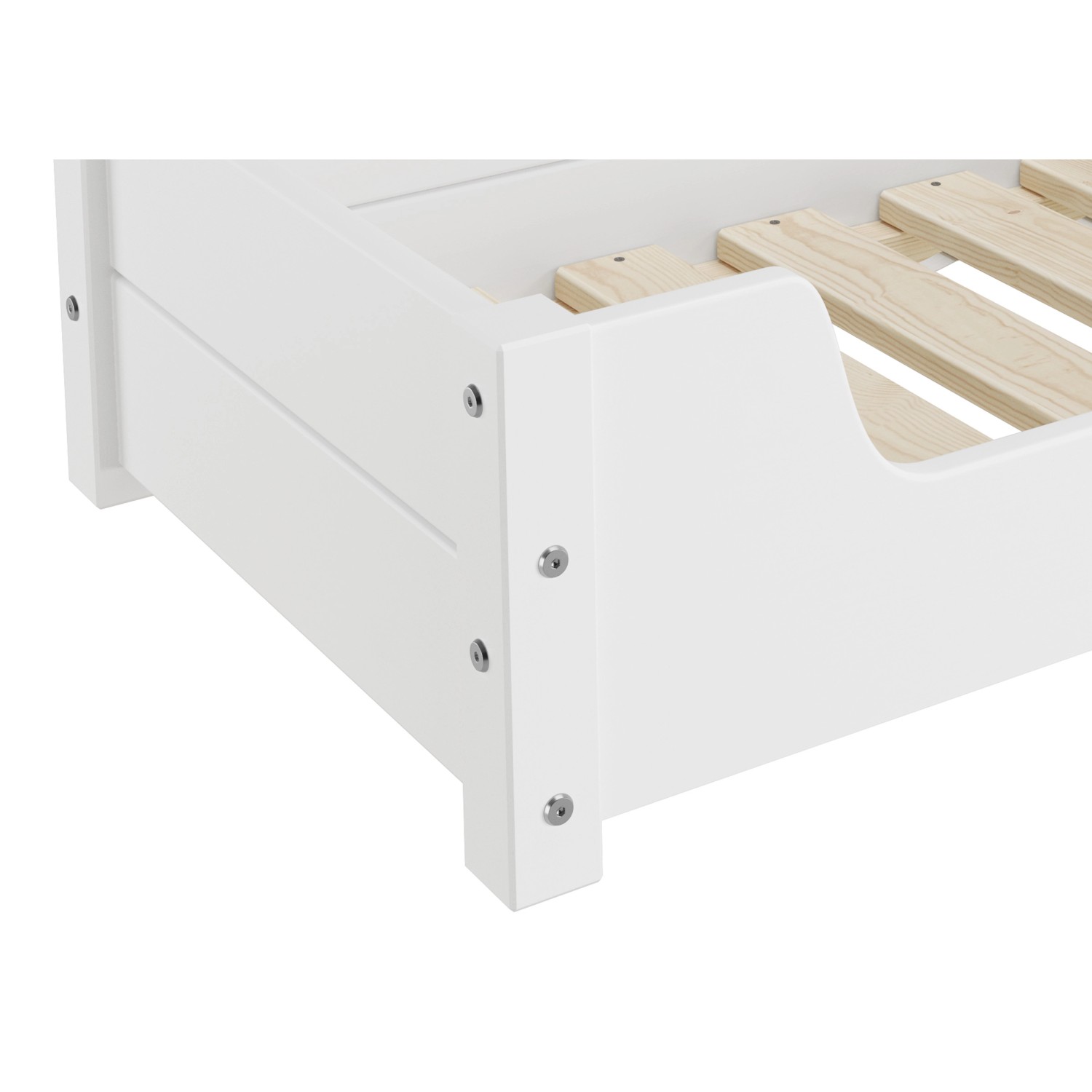 Detailaufnahme: Weißes Hundesofa XXL aus Kiefernholz mit Rollrost. Tierbett für große Hunde.