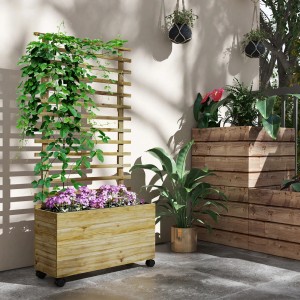 Outsunny Garten-Bett aus Tannenholz mit Spalier, natur. Blumenkasten mit Rankhilfe und Rollen.