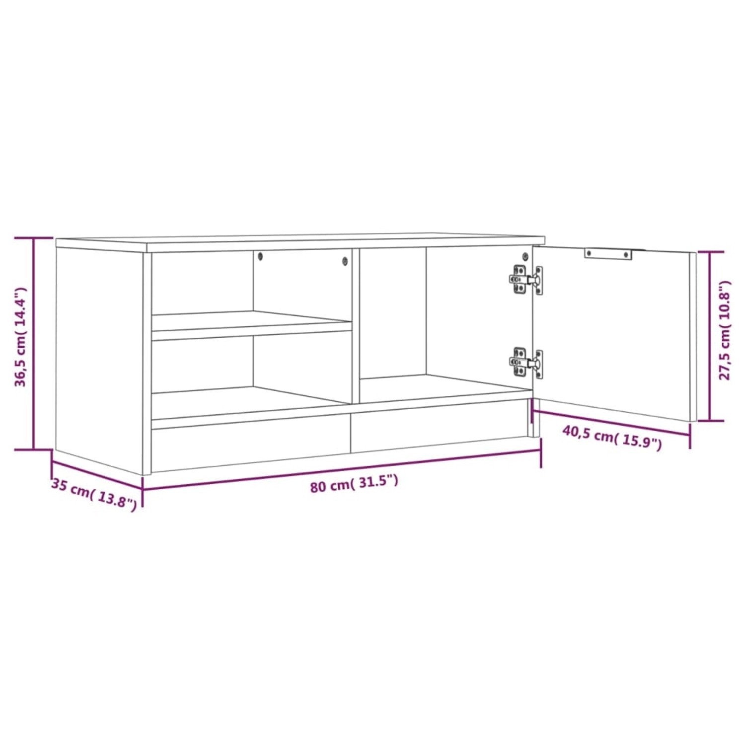 Schwarzer VidaXL TV-Schrank (80x35x36,5 cm) aus Holzwerkstoff mit Fächern und Schublade.