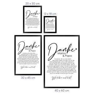 Gerahmtes Poster "Danke Mama und Papa" in verschiedenen Größen. Geschenkidee, Wandbild mit Schriftzug.