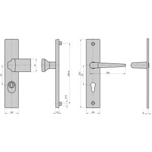 Technische Zeichnung: Basi Vollmaterial-Schutzbeschlag Alu F1, Wechsel-Garnitur, PZ-Lochung, Maße